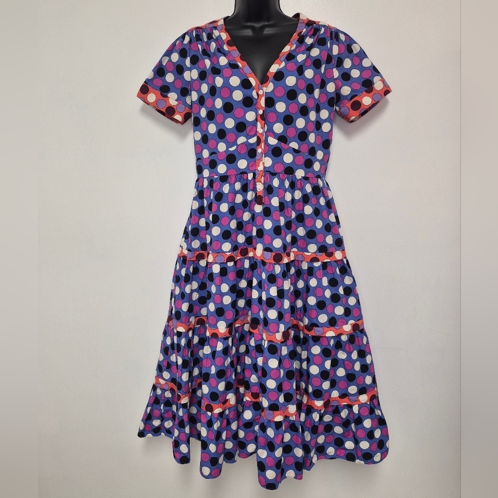 J. Peterman 100% Cotton Retro Polka Dot Tiered Cottagecore Midi Dress sz 8
